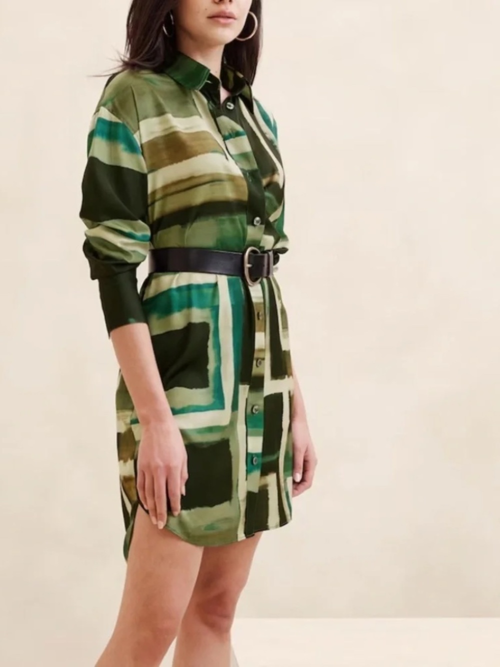 Banana Republic Factory Green Patterned Satin Shirt Dress